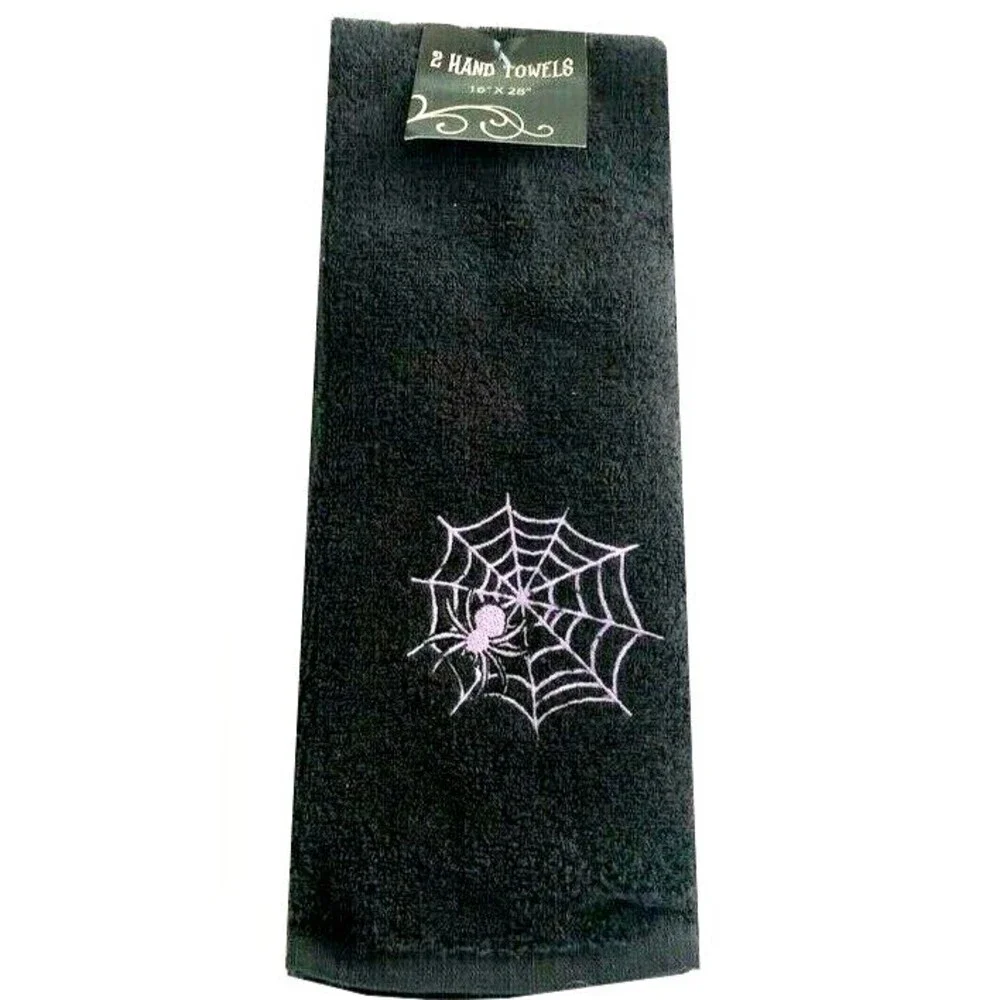 Halloween Hand Towels Purple Spider Web Embroidered Black Spooky Scary Set of 2
